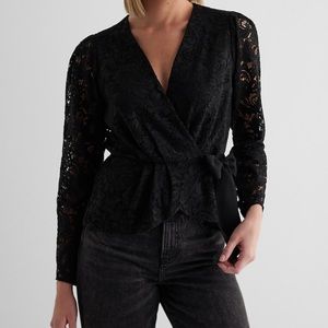 New express lace surplice bow top blouse wrap long sleeve sexy XS peplum